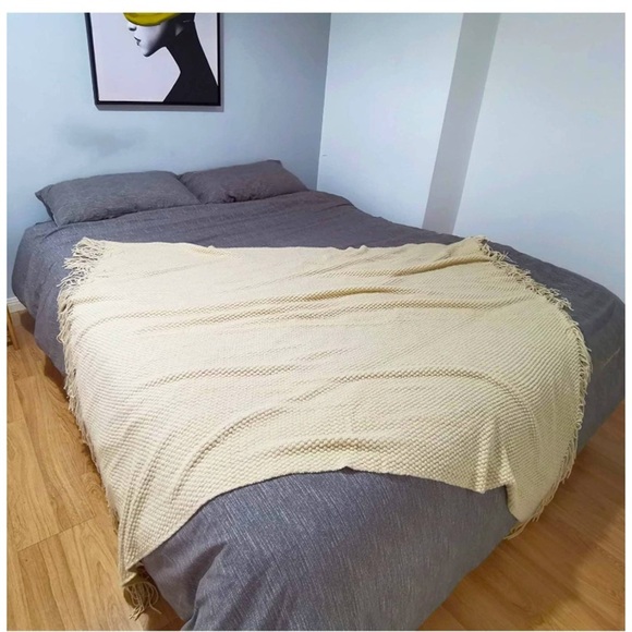 Cream Neutral Farmhouse Cozy Knit Fringe Bohemian Cute Throw Blanket for Bedroom - Picture 6 of 16
